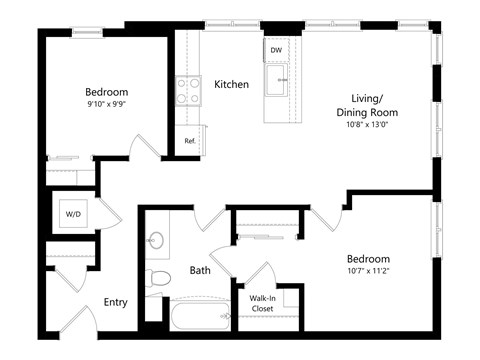 Floor plan for 2 beds, 1 bath, 757 sqft